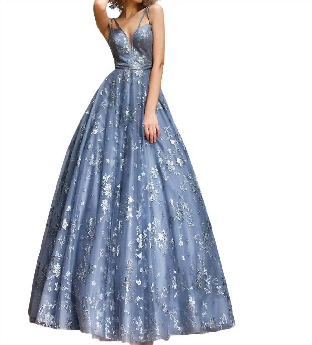 NEW JOVANI plunging neckline embellished prom ballgown in blue / grey